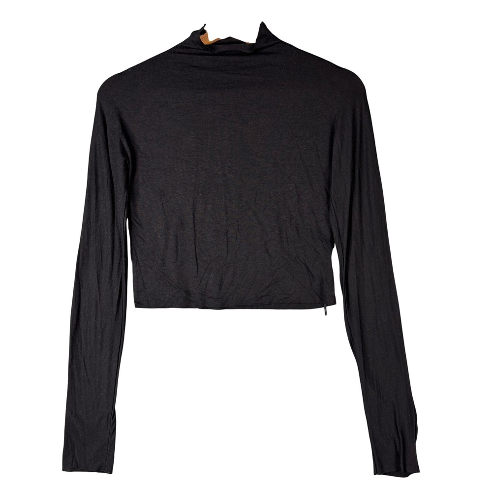 Joah Brown Black Long Sleeve Mock Neck Crop Top M/L Raw Hem Modal Spandex